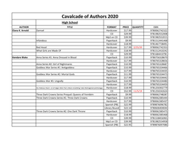 Cavalcade of Authors 2020 High School AUTHOR TITLE FORMAT PRICE QUANTITY ISBN Elana K