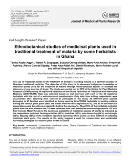 Ethnobotanical Studies of Medicinal Plants Used in Traditional Treatment of Malaria by Some Herbalists in Ghana