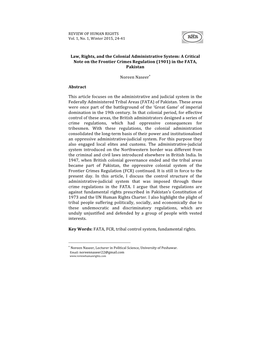 Law, Rights, and the Colonial Administrative System: a Critical Note on the Frontier Crimes Regulation (1901) in the FATA, Pakistan