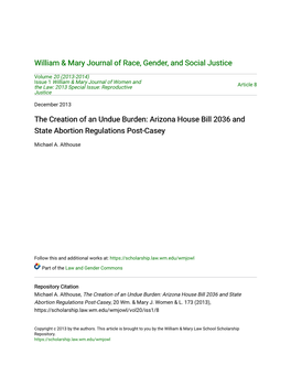 The Creation of an Undue Burden: Arizona House Bill 2036 and State Abortion Regulations Post-Casey