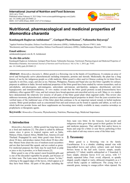 Nutritional, Pharmacological and Medicinal Properties of Momordica Charantia