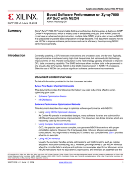 Boost Software Performance on Zynq-7000 AP Soc with NEON Author: Haoliang Qin XAPP1206 V1.1 June 12, 2014