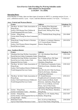 List of Service Units Providing Fee Waiving Subsidy Under ASCP