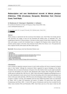 Redescription and New Distributional Records of Matuta Planipes (Fabricius, 1798) (Crustacea; Decapoda; Matutidae) from Chennai Coast, Tamil Nadu