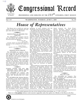 Congressional Record United States Th of America PROCEEDINGS and DEBATES of the 111 CONGRESS, FIRST SESSION