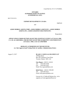 Court File No. CV-17-1170-00CL ONTARIO SUPERIOR COURT OF