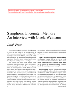 Symphony, Encounter, Memory: an Interview with Gisela Weimann