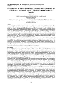 Gender Roles in Small Holder Dairy Farming: Pertinent Issues on Access and Control Over Dairy Farming in Arumeru District, Tanzania