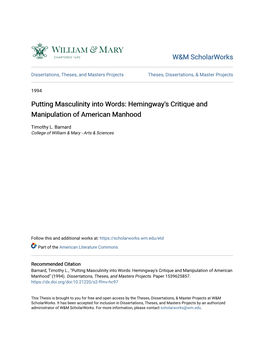 Putting Masculinity Into Words: Hemingway's Critique and Manipulation of American Manhood