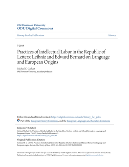 Practices of Intellectual Labor in the Republic of Letters: Leibniz and Edward Bernard on Language and European Origins Michael C