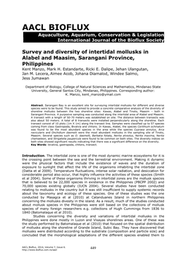 Survey and Diversity of Intertidal Mollusks in Alabel and Maasim, Sarangani Province, Philippines Kent Manzo, Mark H