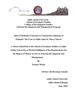 Addis Ababa University School of Graduate Studies College of Development Studies Tourism Development and Management Program