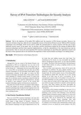 Survey of Ipv6 Transition Technologies for Security Analysis