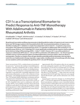 Cd11c As a Transcriptional Biomarker to Predict Response to Anti-TNF Monotherapy with Adalimumab in Patients with Rheumatoid Arthritis
