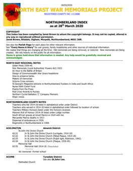 NORTHUMBERLAND INDEX As at 28Th March 2020