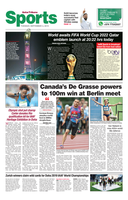 Canada's De Grasse Powers to 100M Win at Berlin Meet