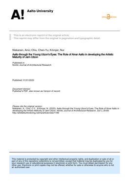 Niskanen, Aino; Chiu, Chen-Yu; Kılınçer, Nur Aalto Through the Young Utzon's Eyes: the Role of Alvar Aalto in Developing the Artistic Maturity of Jørn Utzon