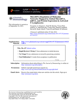 T Lymphocytes Mrna, and Protein Expression in Activated Networks Mapped by Global Microrna, Microrna Regulation of Molecular