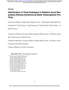 Identification of Three Endotypes in Pediatric Acute Respiratory Distress Syndrome by Nasal Transcriptomic Profiling