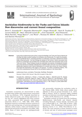 Anchialine Biodiversity in the Turks and Caicos Islands: New Discoveries and Current Faunal Composition Brett C