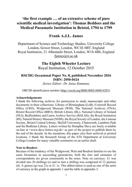 Thomas Beddoes and the Medical Pneumatic Institution in Bristol, 1794 to 1799