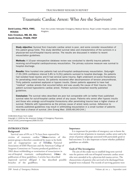 Traumatic Cardiac Arrest: Who Are the Survivors?