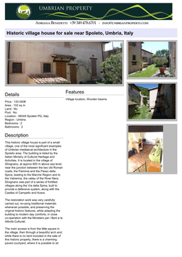 Historic Village House for Sale Near Spoleto, Umbria, Italy Details