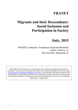 FRANET Migrants and Their Descendants: Social Inclusion and Participation in Society Italy, 2015