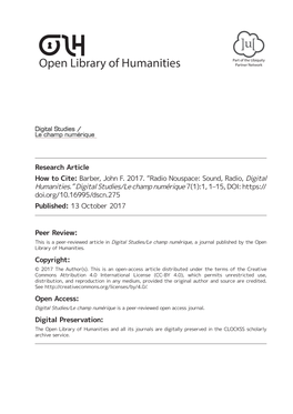 Radio Nouspace: Sound, Radio, Digital Humanities.” Digital Studies/Le Champ Numérique 7(1):1, 1–15, DOI: Doi.Org/10.16995/Dscn.275 Published: 13 October 2017