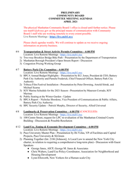 Preliminary Community Board Committee Meeting Agendas April 2021