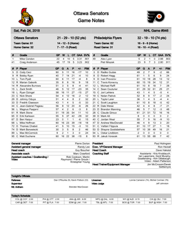 Ottawa Senators Game Notes