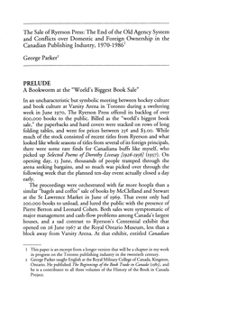 The Scale of Ryerson Press: the End of the Old Agency Systeim and Conflicts Over Domestic and Foreign Ownership in the Canadian Publishing Industry, 1970-19861