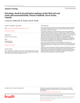 Petrology, Rock-Eval and Facies Analyses of the Mcleod Coal Seam and Associated Beds, Pictou Coalfield, Nova Scotia, Canada J