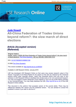 All-China Federation of Trades Unions Beyond Reform?: the Slow March of Direct Elections