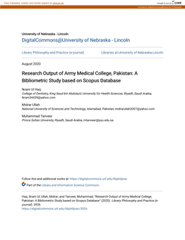 Research Output of Army Medical College, Pakistan: a Bibliometric Study Based on Scopus Database