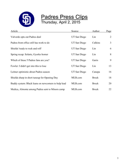 Padres Press Clips Thursday, April 2, 2015