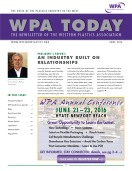 Wpa Today the Newsletter of the Western Plastics Association