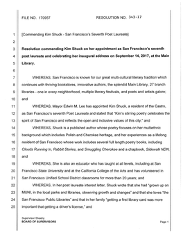 1 6 8 9 11 12 21 24 Resolution Commending Kim Shuck on Her Appointment As San Francisco's Seventh Poet Laureate and Celebrating