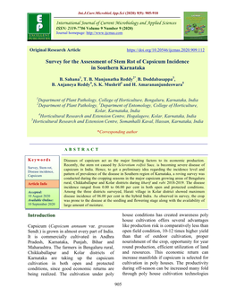 Survey for the Assessment of Stem Rot of Capsicum Incidence in Southern Karnataka