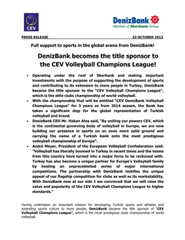 Denizbank Becomes the Title Sponsor to the CEV Volleyball Champions