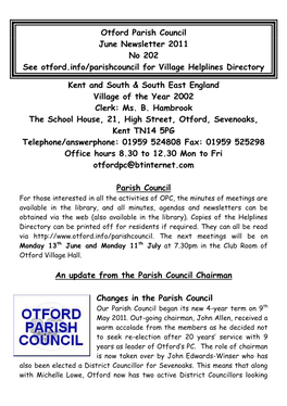 Otford Parish Council June Newsletter 2011 No 202 See Otford.Info/Parishcouncil for Village Helplines Directory