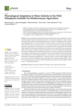 Physiological Adaptation to Water Salinity in Six Wild Halophytes Suitable for Mediterranean Agriculture