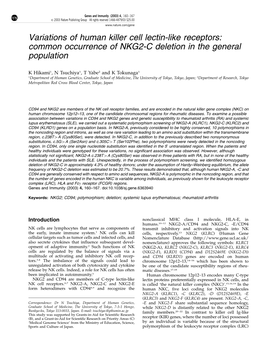 Variations of Human Killer Cell Lectin-Like Receptors: Common Occurrence of NKG2-C Deletion in the General Population