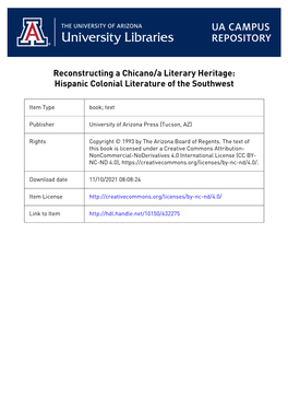 Reconstructing a Chicano/A Literary Heritage: Hispanic Colonial Literature of the Southwest