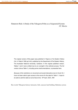 A Study of the Tokugawa Polity As a Seigneurial System JF Morris