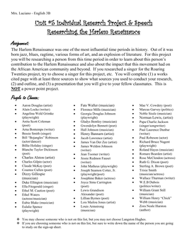 Unit 5 Harlem Renaissance Research Project.Pdf