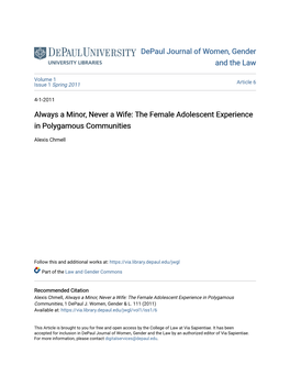 The Female Adolescent Experience in Polygamous Communities