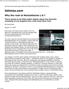 Why the Rush to Manhattanize L.A.? - Latimes.Com
