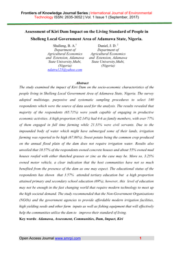 Assessment of Kiri Dam Impact on the Living Standard of People in Shelleng Local Government Area of Adamawa State, Nigeria