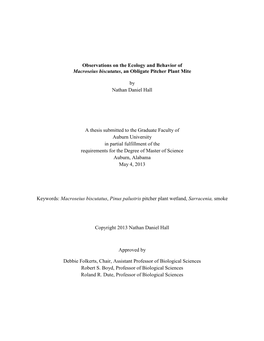 Observations on the Ecology and Behavior of Macroseius Biscutatus, an Obligate Pitcher Plant Mite